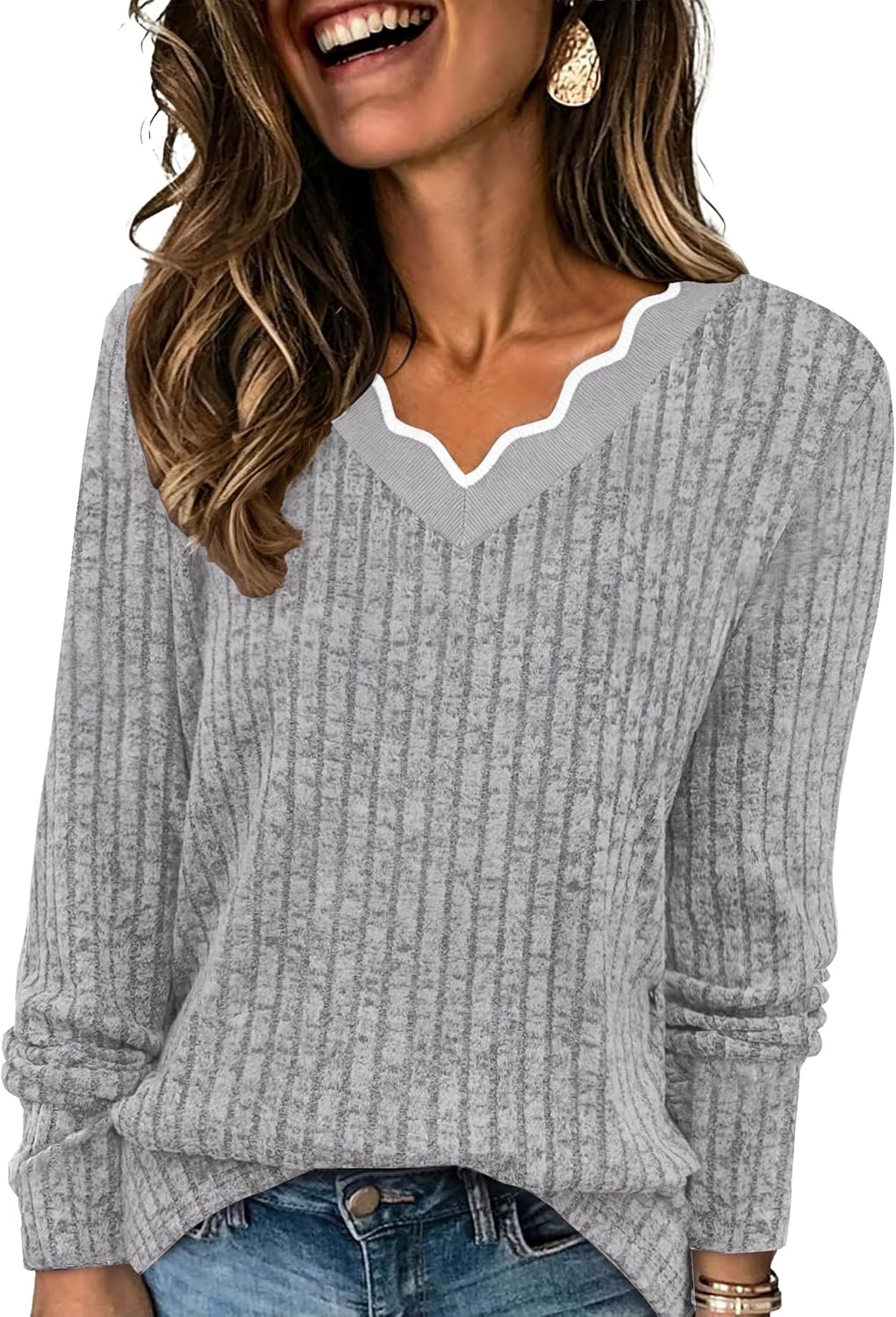 image:imageWIHOLL Long Sleeve Womens Shirts Lightweight Fall Tunic Top V Neck Sweaters04grey