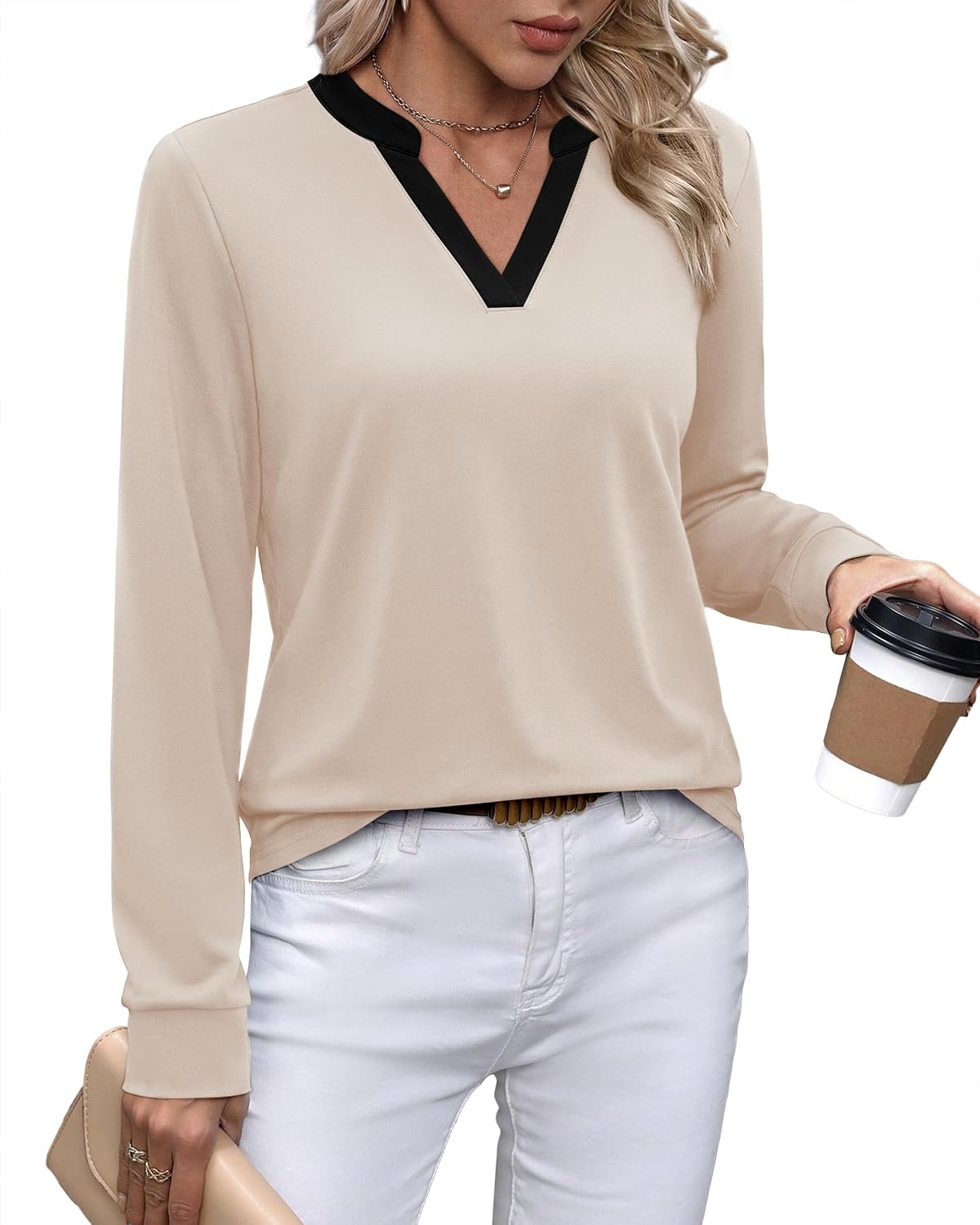 image:imageWIHOLL V Neck Business Casual Tops Fall Blouses Trendy Long Sleeve ShirtsApricot With Black