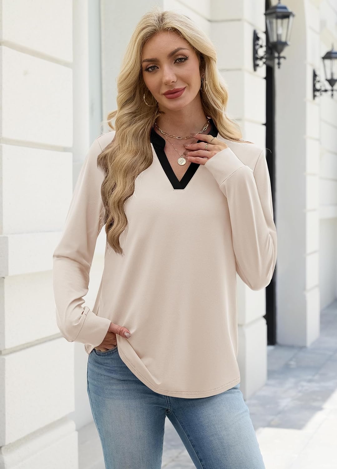 image:imageWIHOLL V Neck Business Casual Tops Fall Blouses Trendy Long Sleeve ShirtsApricot With Black