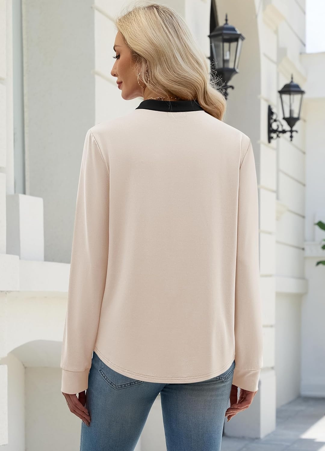 image:imageWIHOLL V Neck Business Casual Tops Fall Blouses Trendy Long Sleeve ShirtsApricot With Black