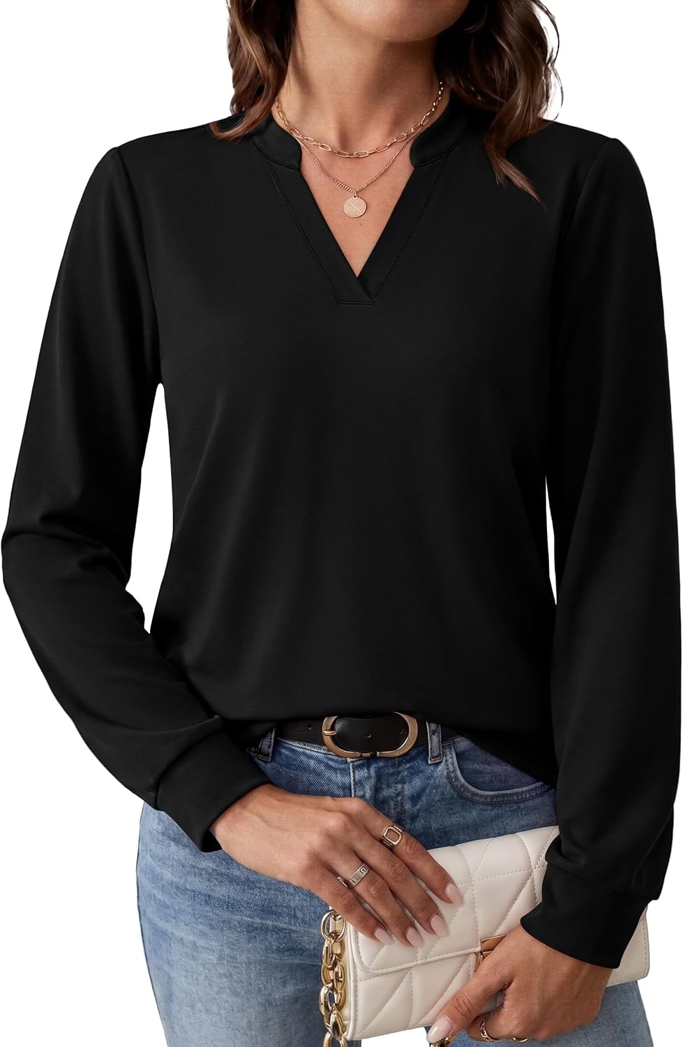 image:imageWIHOLL V Neck Business Casual Tops Fall Blouses Trendy Long Sleeve ShirtsBlack