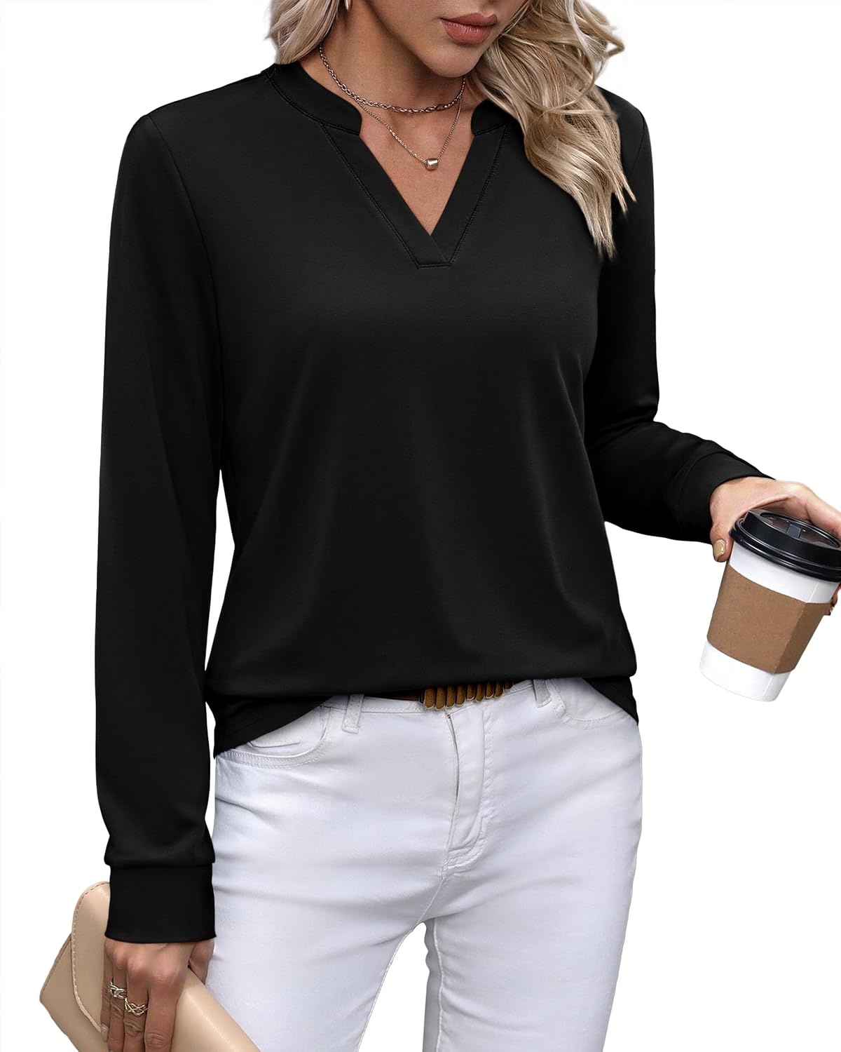 image:imageWIHOLL V Neck Business Casual Tops Fall Blouses Trendy Long Sleeve ShirtsBlack