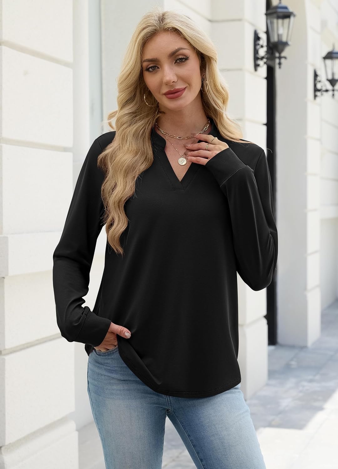 image:imageWIHOLL V Neck Business Casual Tops Fall Blouses Trendy Long Sleeve ShirtsBlack