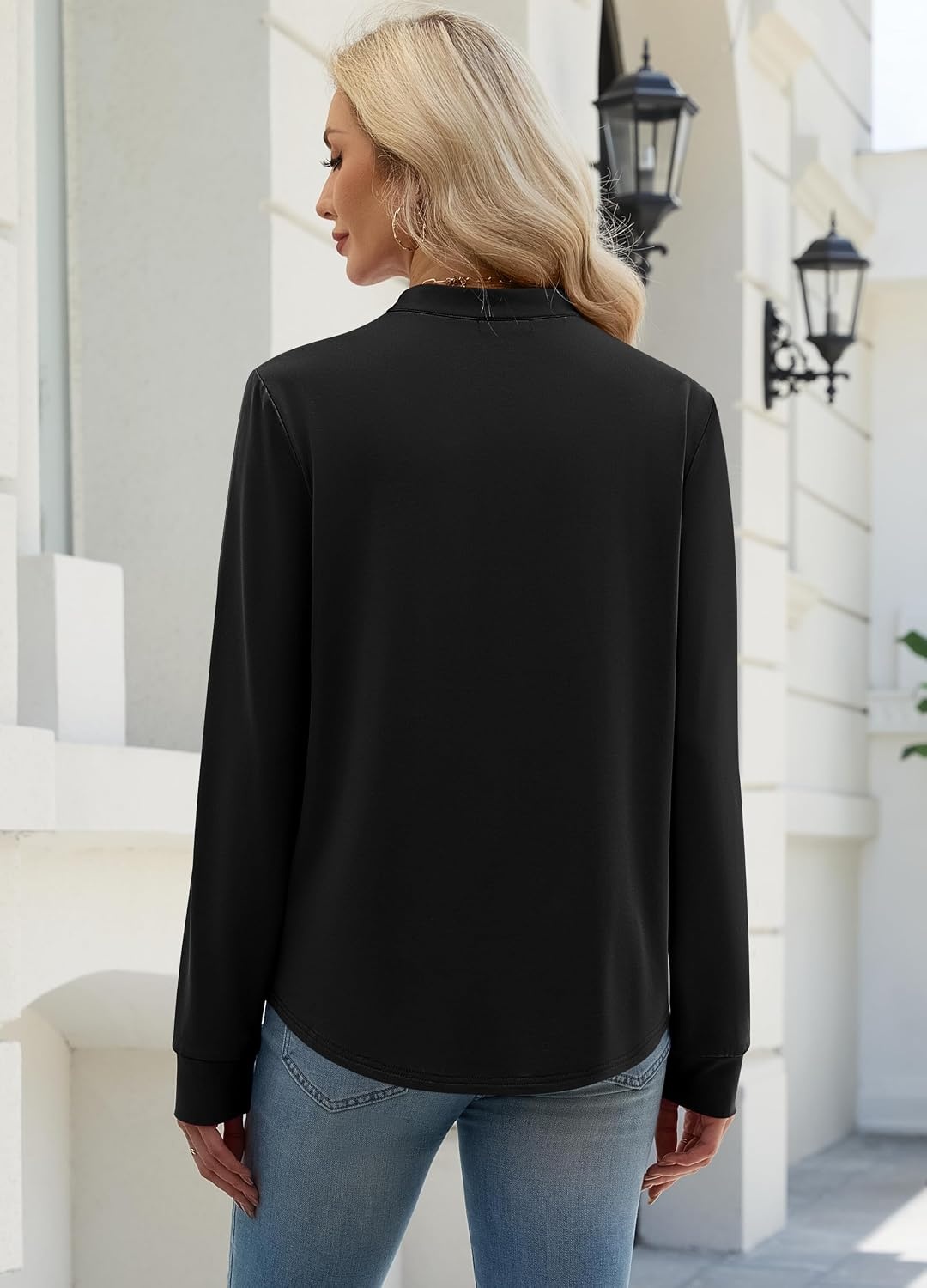image:imageWIHOLL V Neck Business Casual Tops Fall Blouses Trendy Long Sleeve ShirtsBlack