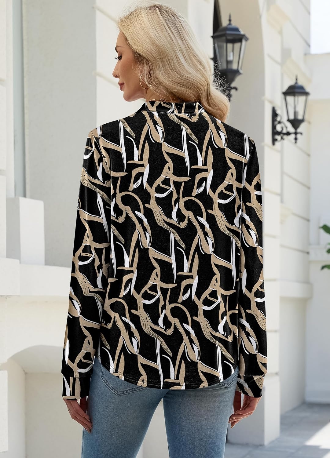 image:imageWIHOLL V Neck Business Casual Tops Fall Blouses Trendy Long Sleeve ShirtsBlack Gold Lines