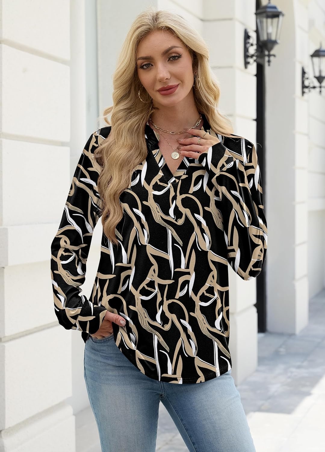 image:imageWIHOLL V Neck Business Casual Tops Fall Blouses Trendy Long Sleeve ShirtsBlack Gold Lines