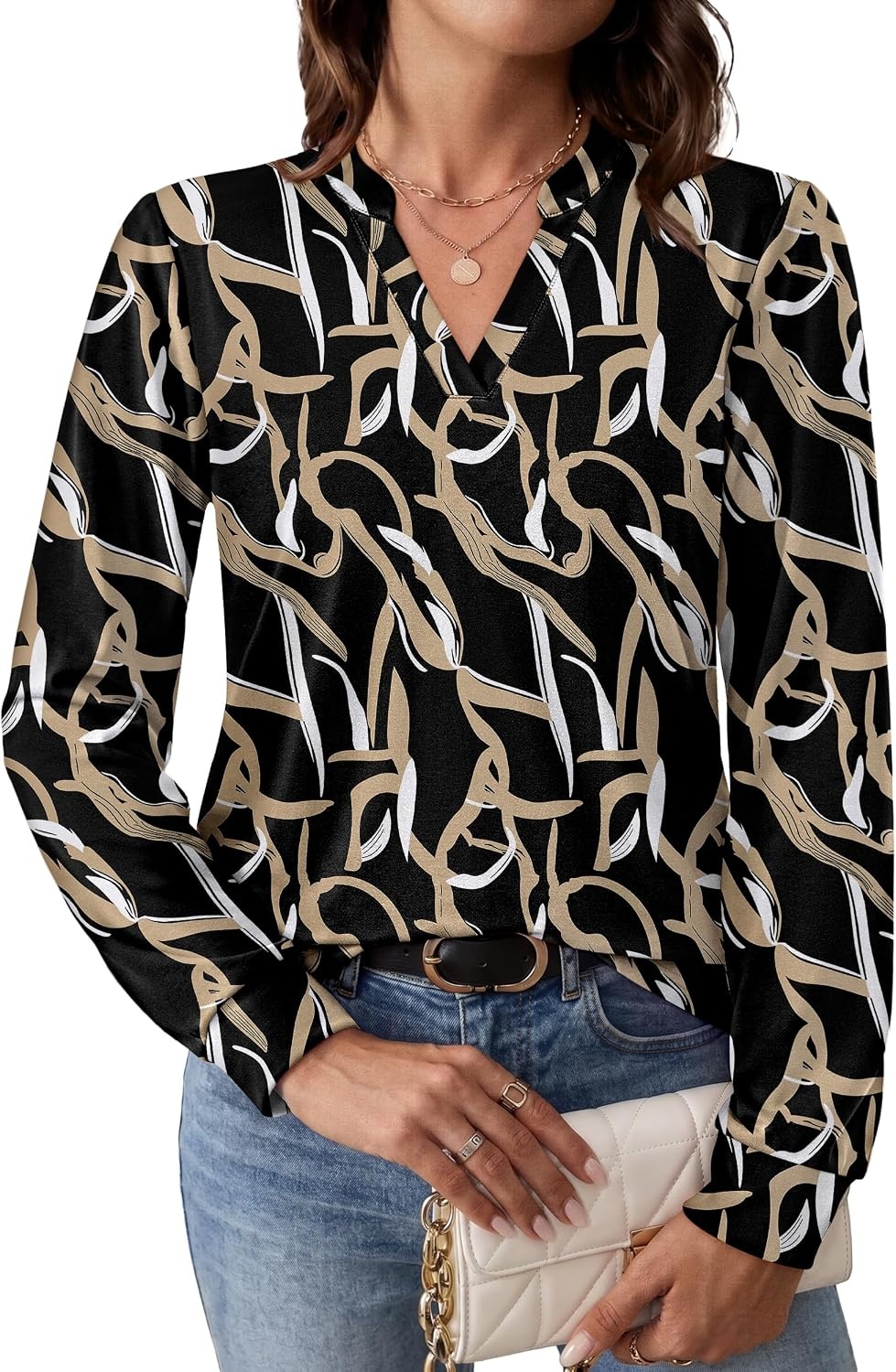 image:imageWIHOLL V Neck Business Casual Tops Fall Blouses Trendy Long Sleeve ShirtsBlack Gold Lines