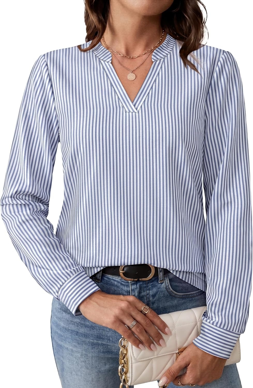 image:imageWIHOLL V Neck Business Casual Tops Fall Blouses Trendy Long Sleeve ShirtsBlue White Stripe