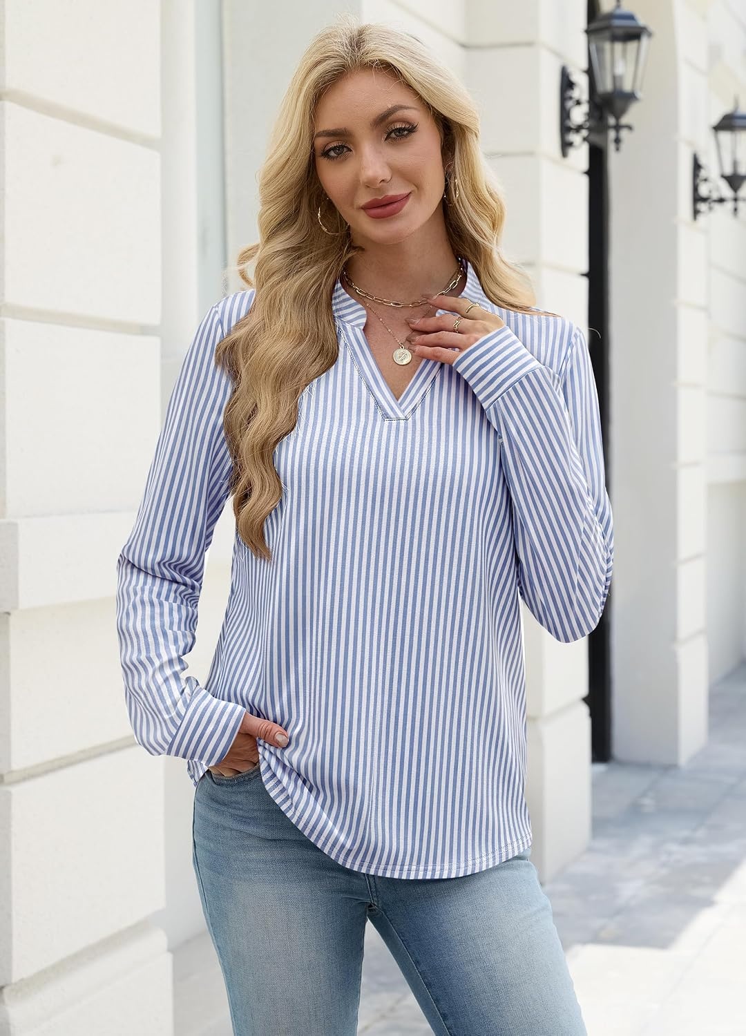 image:imageWIHOLL V Neck Business Casual Tops Fall Blouses Trendy Long Sleeve ShirtsBlue White Stripe