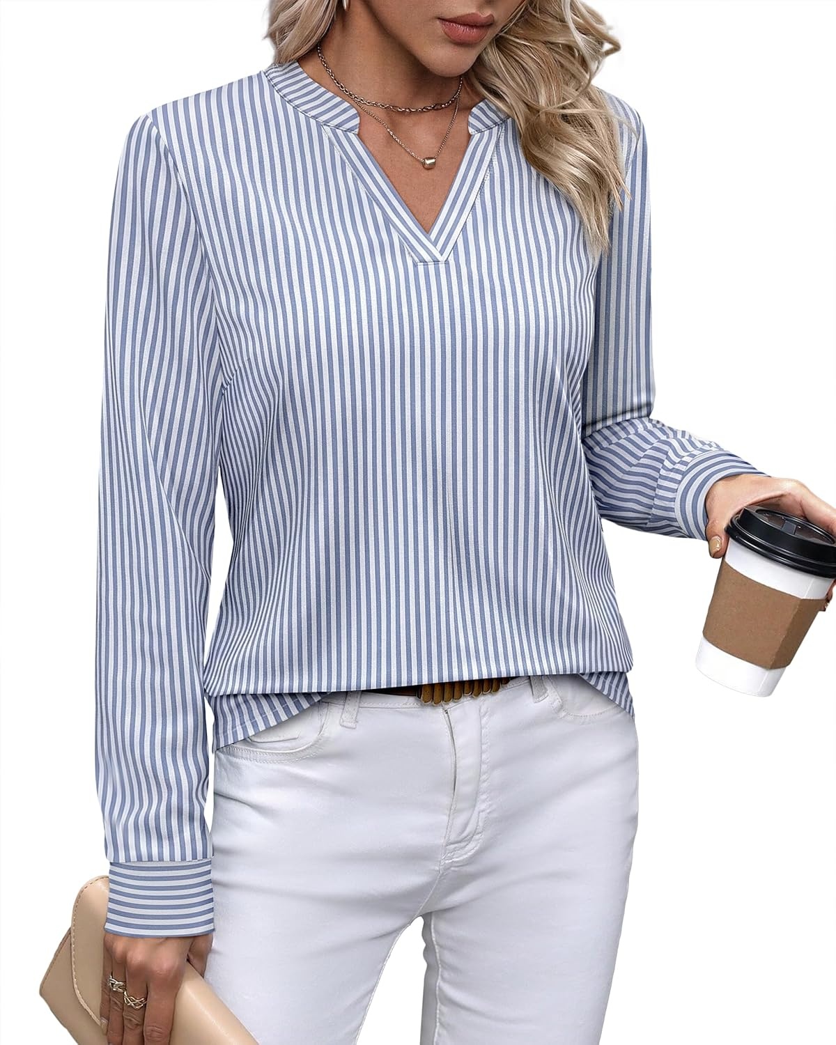 image:imageWIHOLL V Neck Business Casual Tops Fall Blouses Trendy Long Sleeve ShirtsBlue White Stripe
