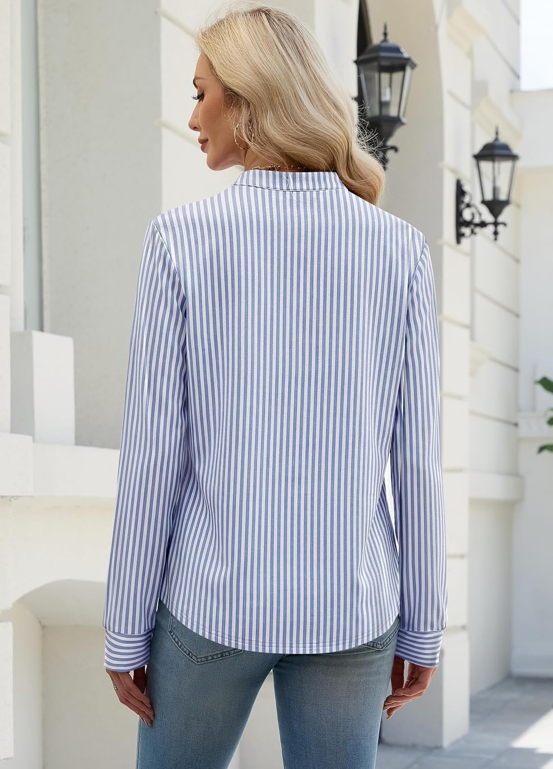 image:imageWIHOLL V Neck Business Casual Tops Fall Blouses Trendy Long Sleeve ShirtsBlue White Stripe