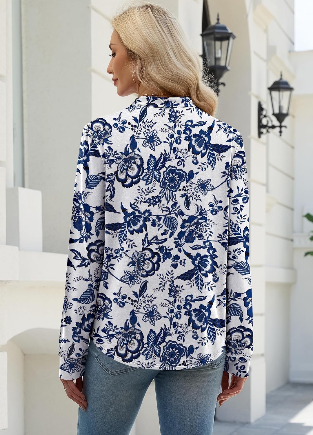image:imageWIHOLL V Neck Business Casual Tops Fall Blouses Trendy Long Sleeve ShirtsBoho Blue Floral Print