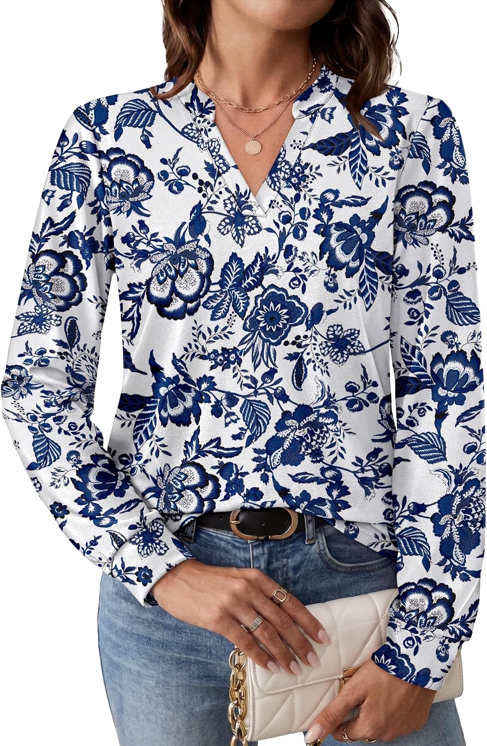 image:imageWIHOLL V Neck Business Casual Tops Fall Blouses Trendy Long Sleeve ShirtsBoho Blue Floral Print