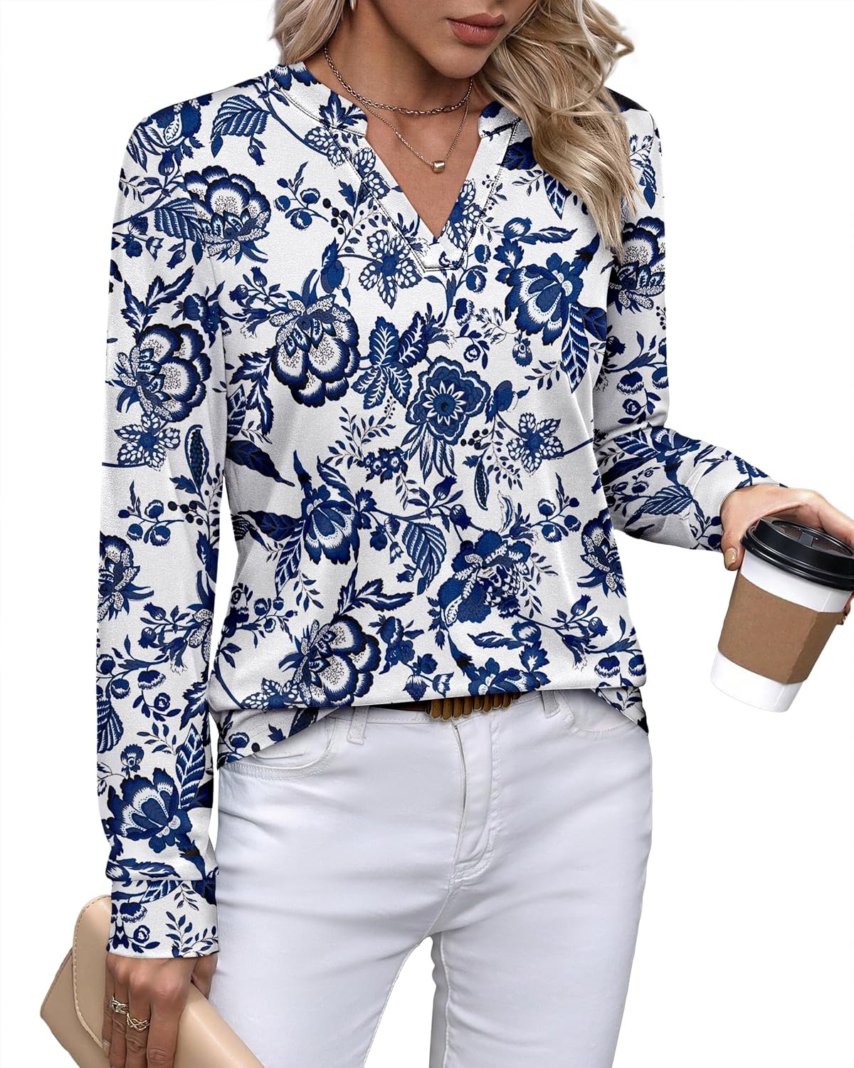 image:imageWIHOLL V Neck Business Casual Tops Fall Blouses Trendy Long Sleeve ShirtsBoho Blue Floral Print