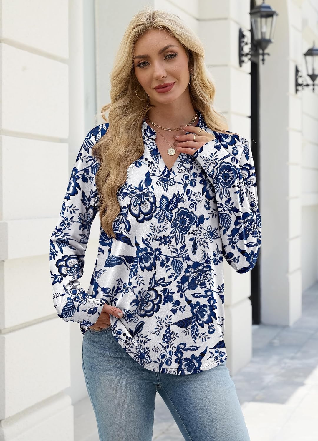 image:imageWIHOLL V Neck Business Casual Tops Fall Blouses Trendy Long Sleeve ShirtsBoho Blue Floral Print