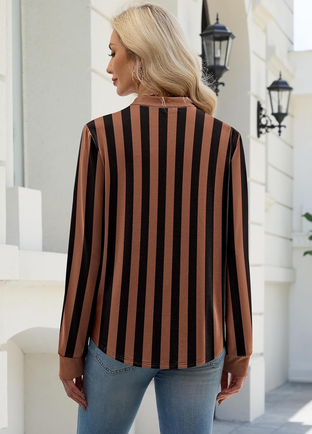image:imageWIHOLL V Neck Business Casual Tops Fall Blouses Trendy Long Sleeve ShirtsBrown Black Stripe