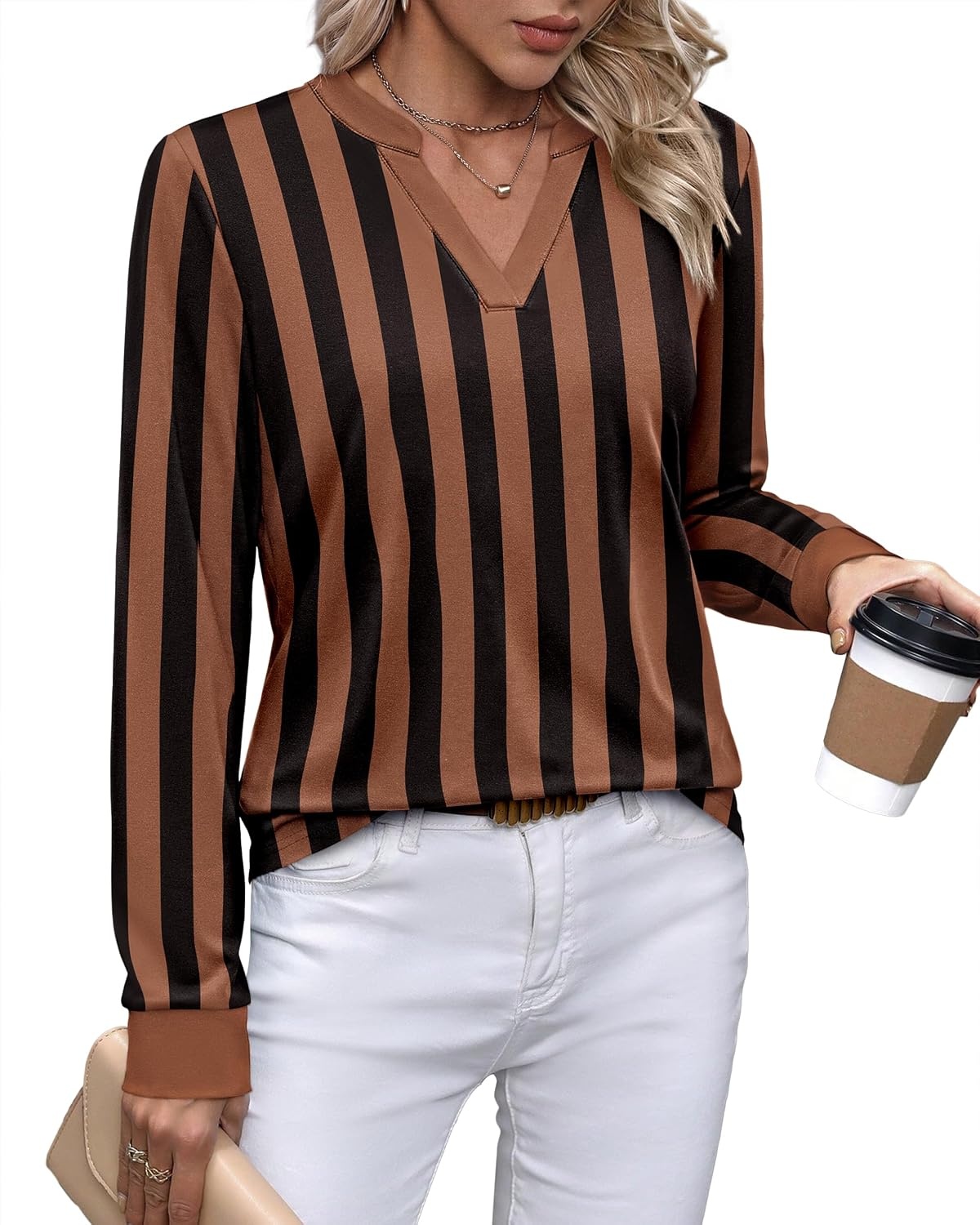 image:imageWIHOLL V Neck Business Casual Tops Fall Blouses Trendy Long Sleeve ShirtsBrown Black Stripe
