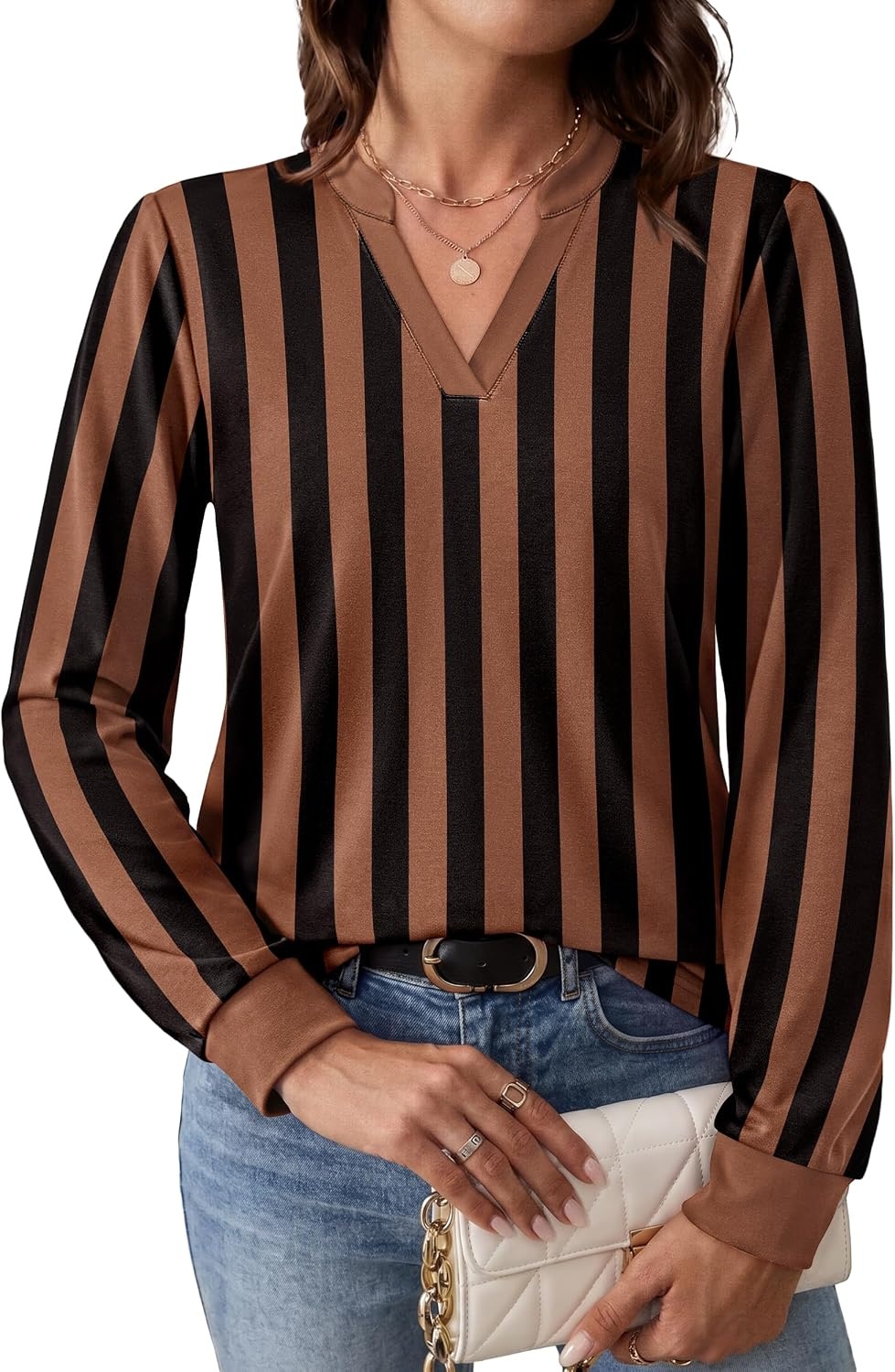 image:imageWIHOLL V Neck Business Casual Tops Fall Blouses Trendy Long Sleeve ShirtsBrown Black Stripe