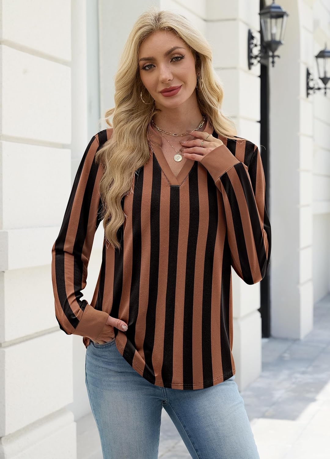 image:imageWIHOLL V Neck Business Casual Tops Fall Blouses Trendy Long Sleeve ShirtsBrown Black Stripe