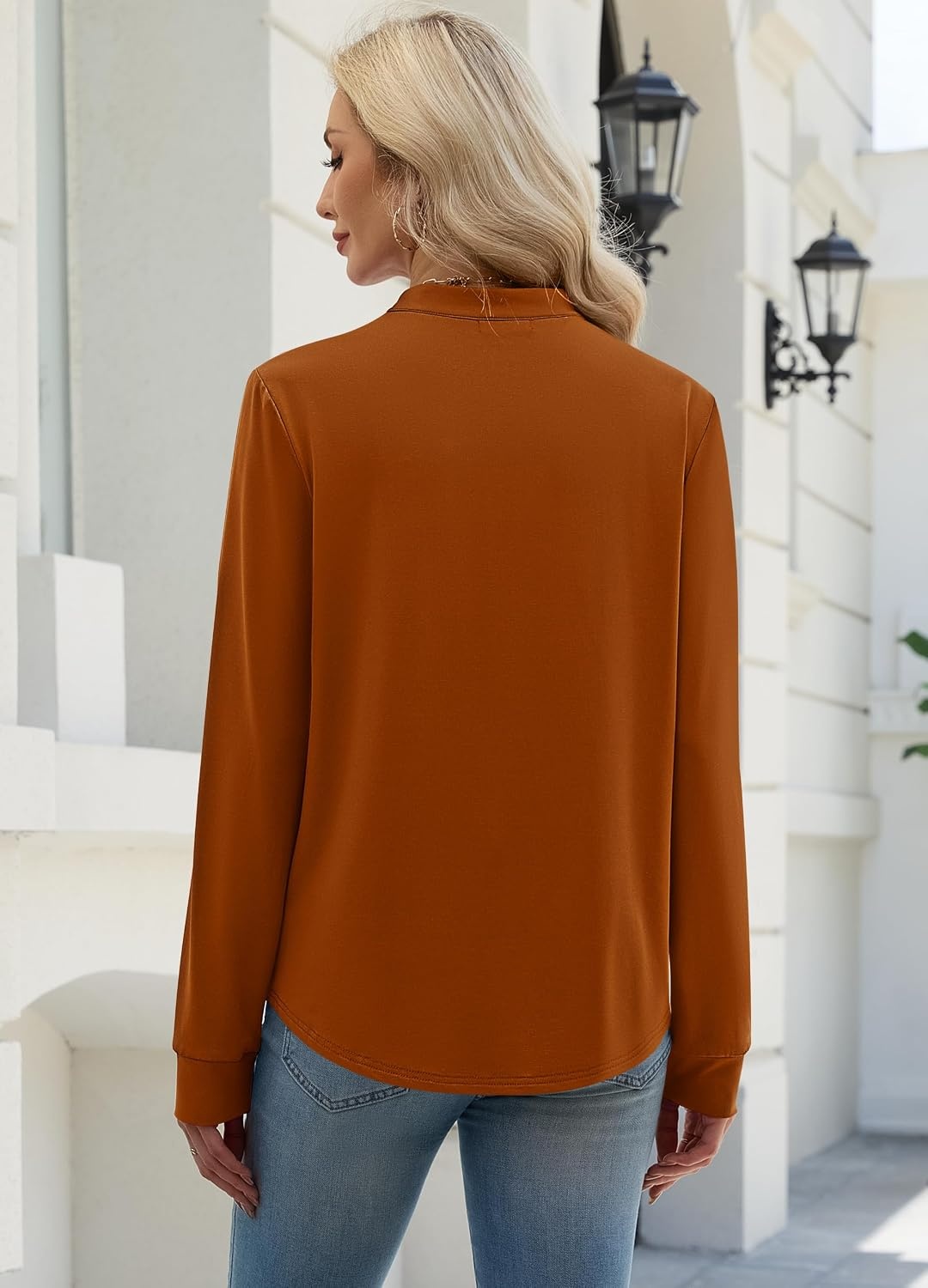 image:imageWIHOLL V Neck Business Casual Tops Fall Blouses Trendy Long Sleeve ShirtsCaramel