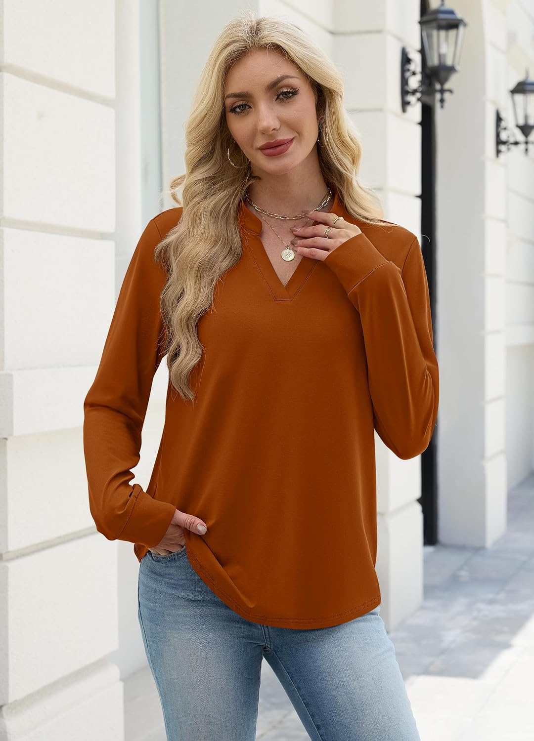 image:imageWIHOLL V Neck Business Casual Tops Fall Blouses Trendy Long Sleeve ShirtsCaramel
