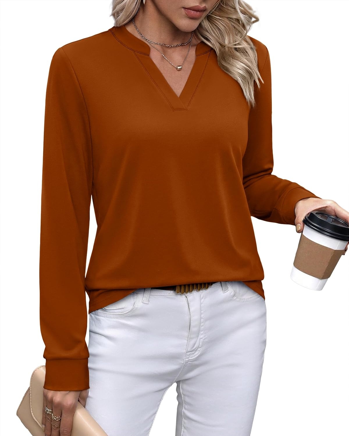 image:imageWIHOLL V Neck Business Casual Tops Fall Blouses Trendy Long Sleeve ShirtsCaramel