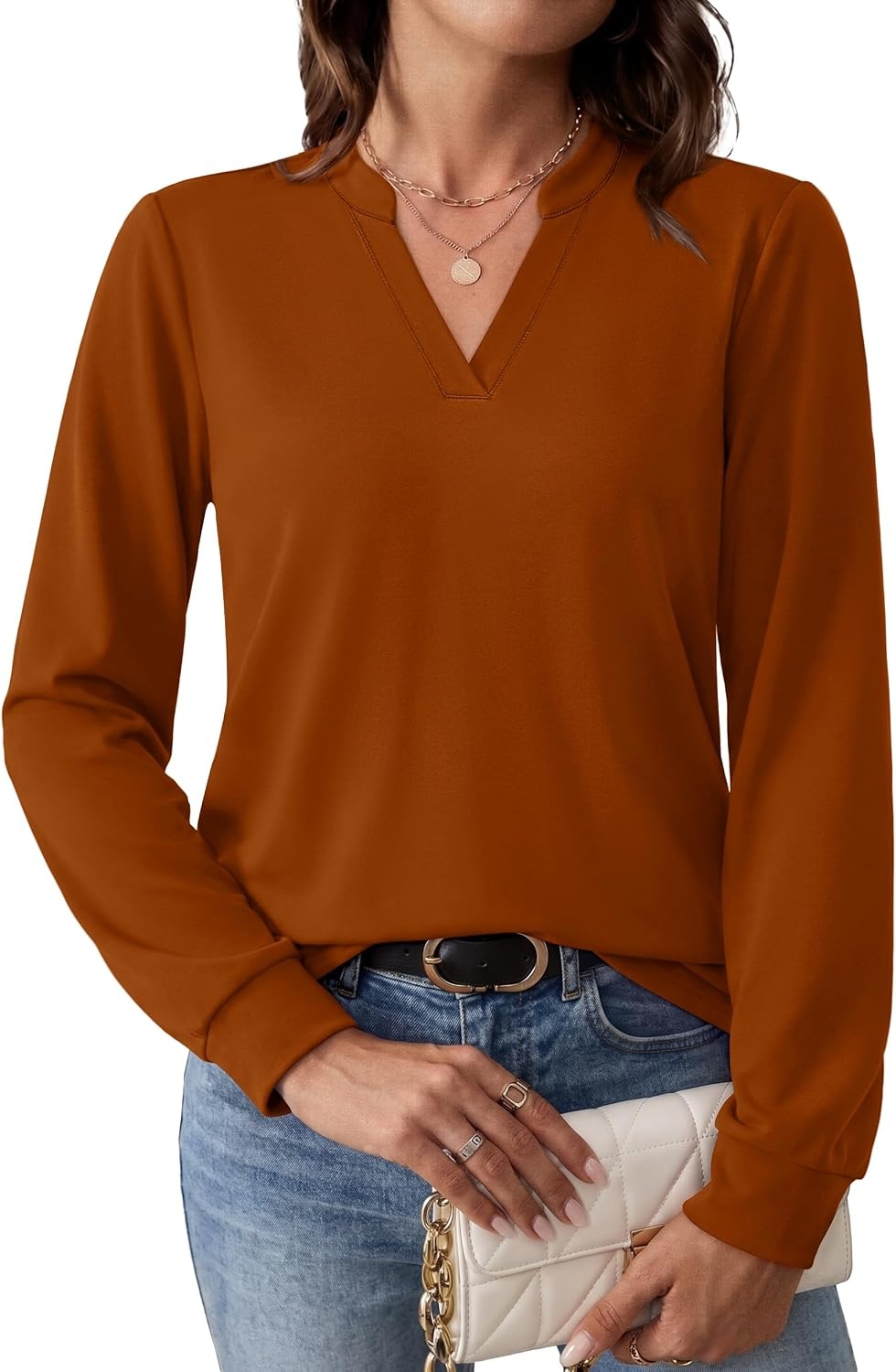 image:imageWIHOLL V Neck Business Casual Tops Fall Blouses Trendy Long Sleeve ShirtsCaramel