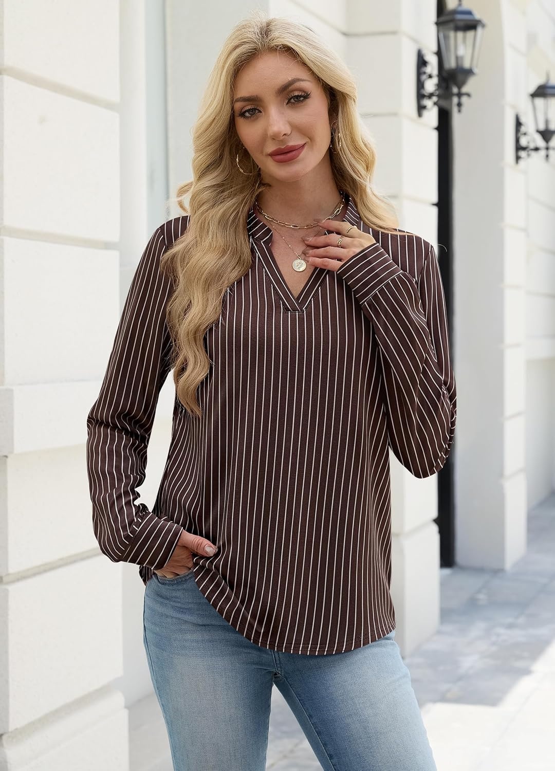 image:imageWIHOLL V Neck Business Casual Tops Fall Blouses Trendy Long Sleeve ShirtsDark Brown Stripe