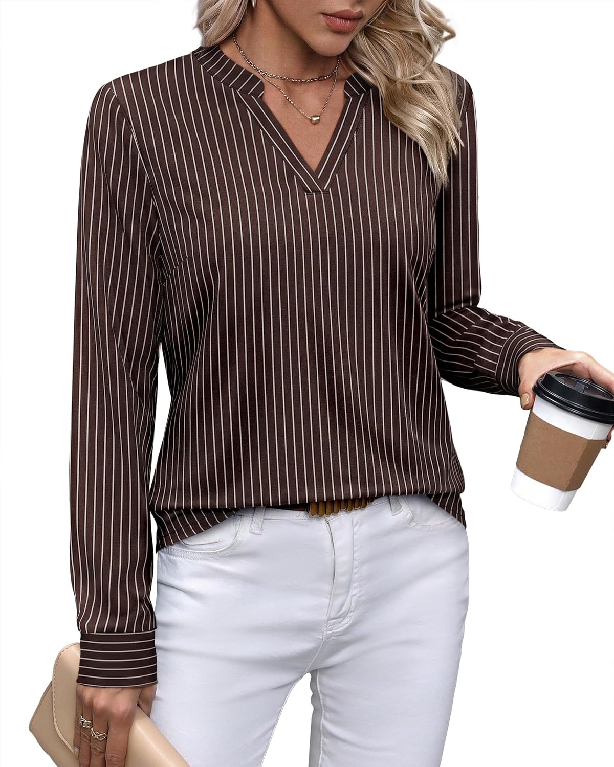 image:imageWIHOLL V Neck Business Casual Tops Fall Blouses Trendy Long Sleeve ShirtsDark Brown Stripe