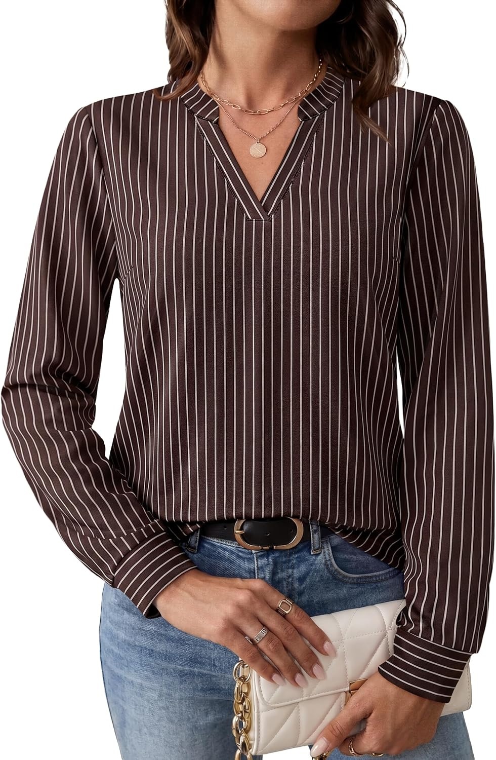 image:imageWIHOLL V Neck Business Casual Tops Fall Blouses Trendy Long Sleeve ShirtsDark Brown Stripe