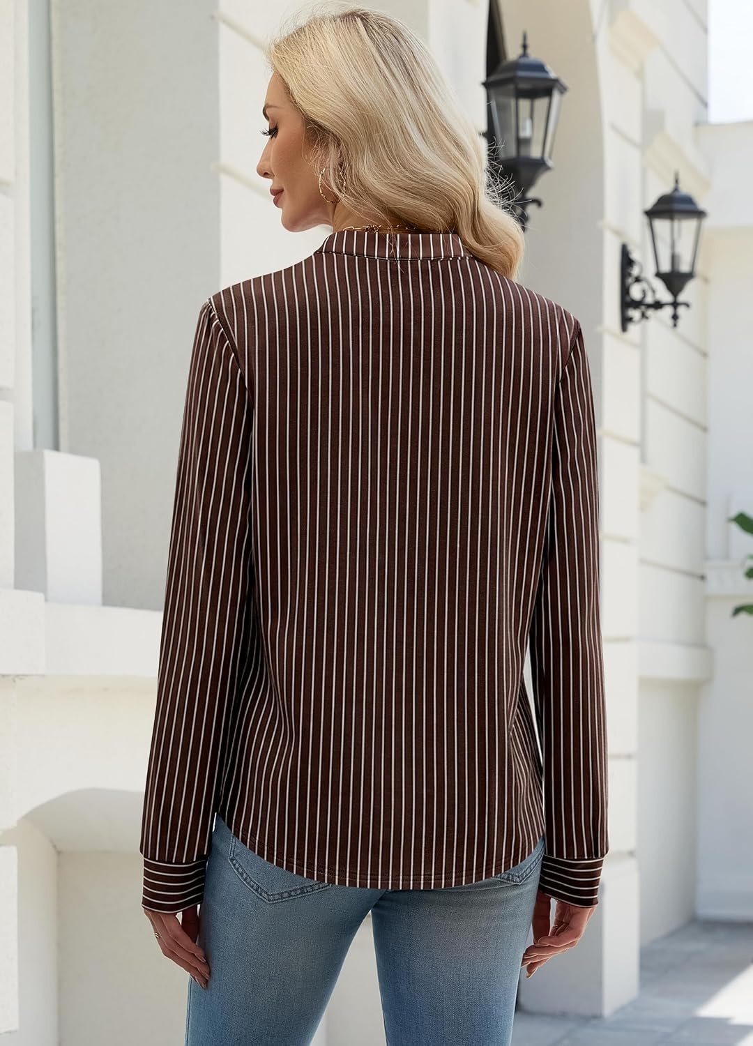 image:imageWIHOLL V Neck Business Casual Tops Fall Blouses Trendy Long Sleeve ShirtsDark Brown Stripe