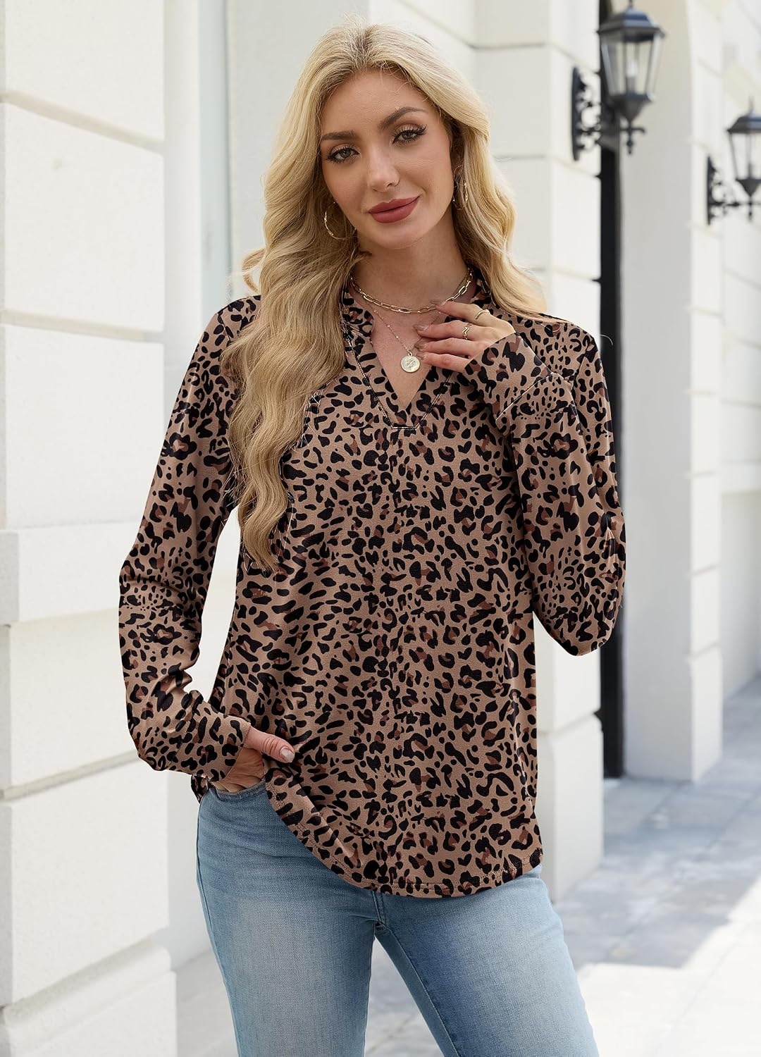 image:imageWIHOLL V Neck Business Casual Tops Fall Blouses Trendy Long Sleeve ShirtsLeopard Print