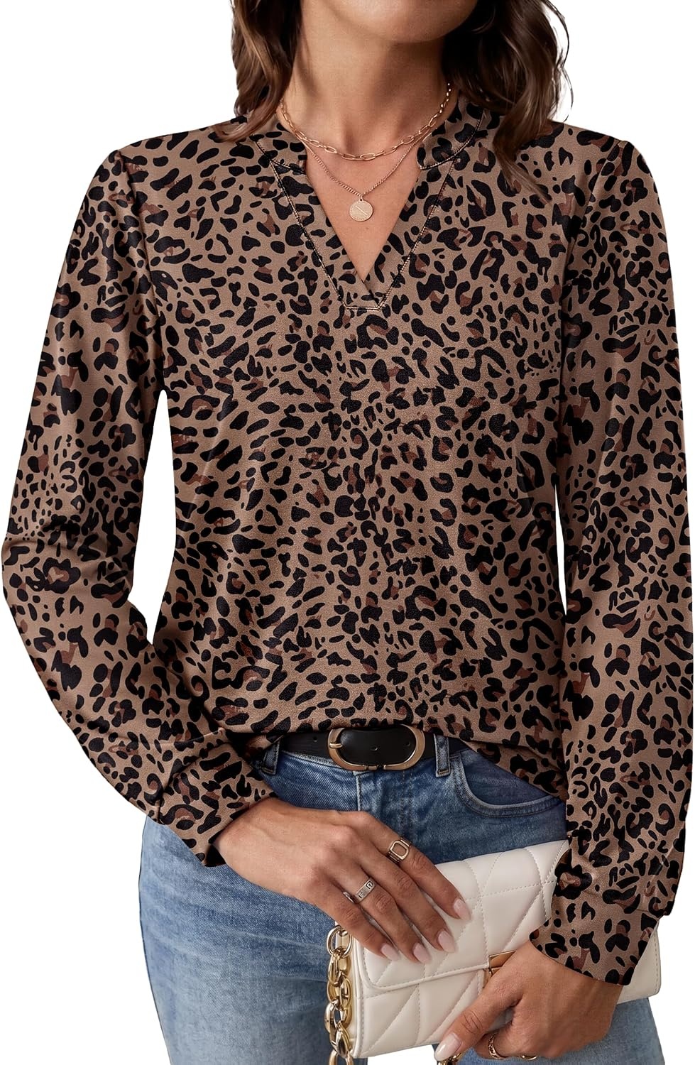image:imageWIHOLL V Neck Business Casual Tops Fall Blouses Trendy Long Sleeve ShirtsLeopard Print