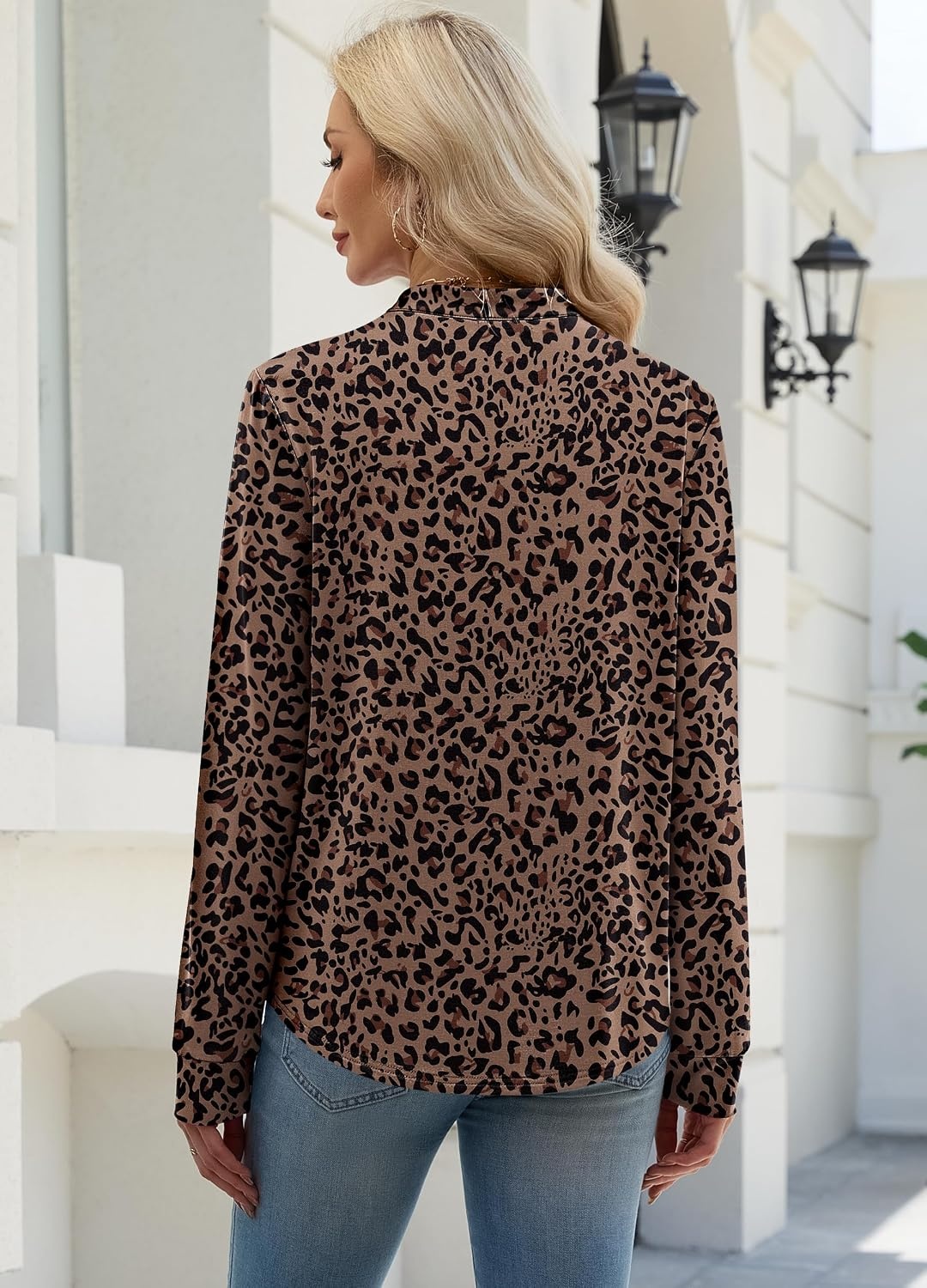 image:imageWIHOLL V Neck Business Casual Tops Fall Blouses Trendy Long Sleeve ShirtsLeopard Print