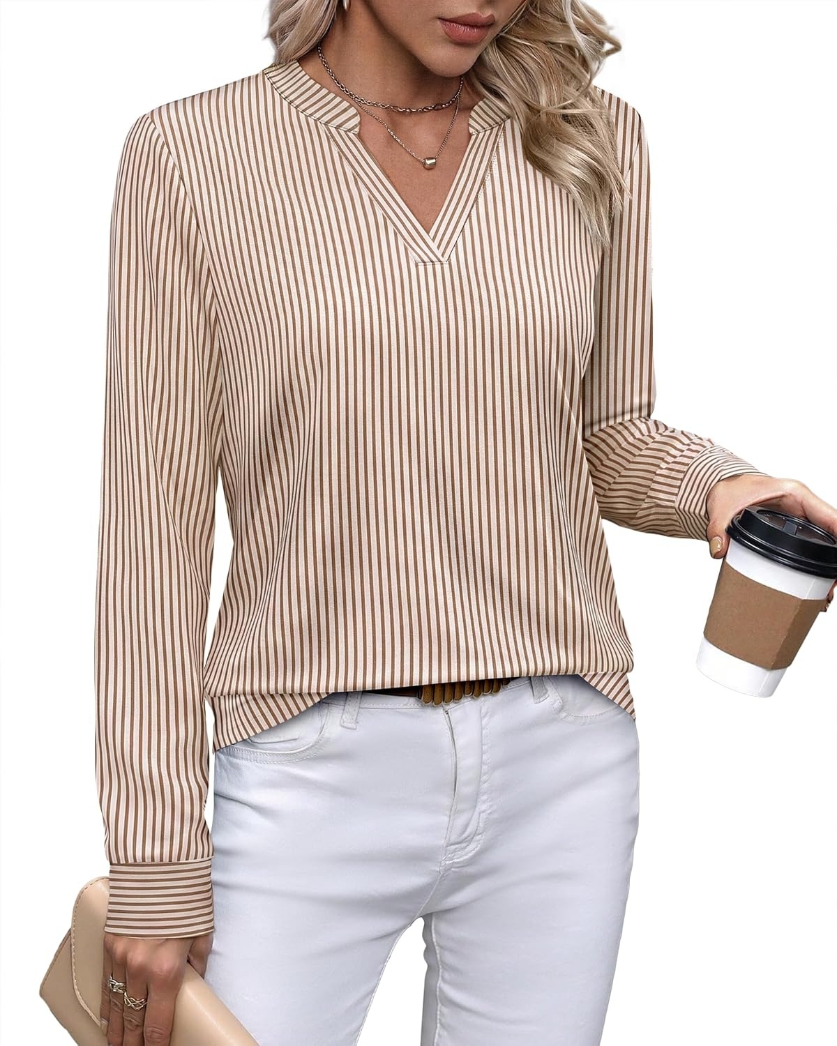 image:imageWIHOLL V Neck Business Casual Tops Fall Blouses Trendy Long Sleeve ShirtsLight Brown Stripe