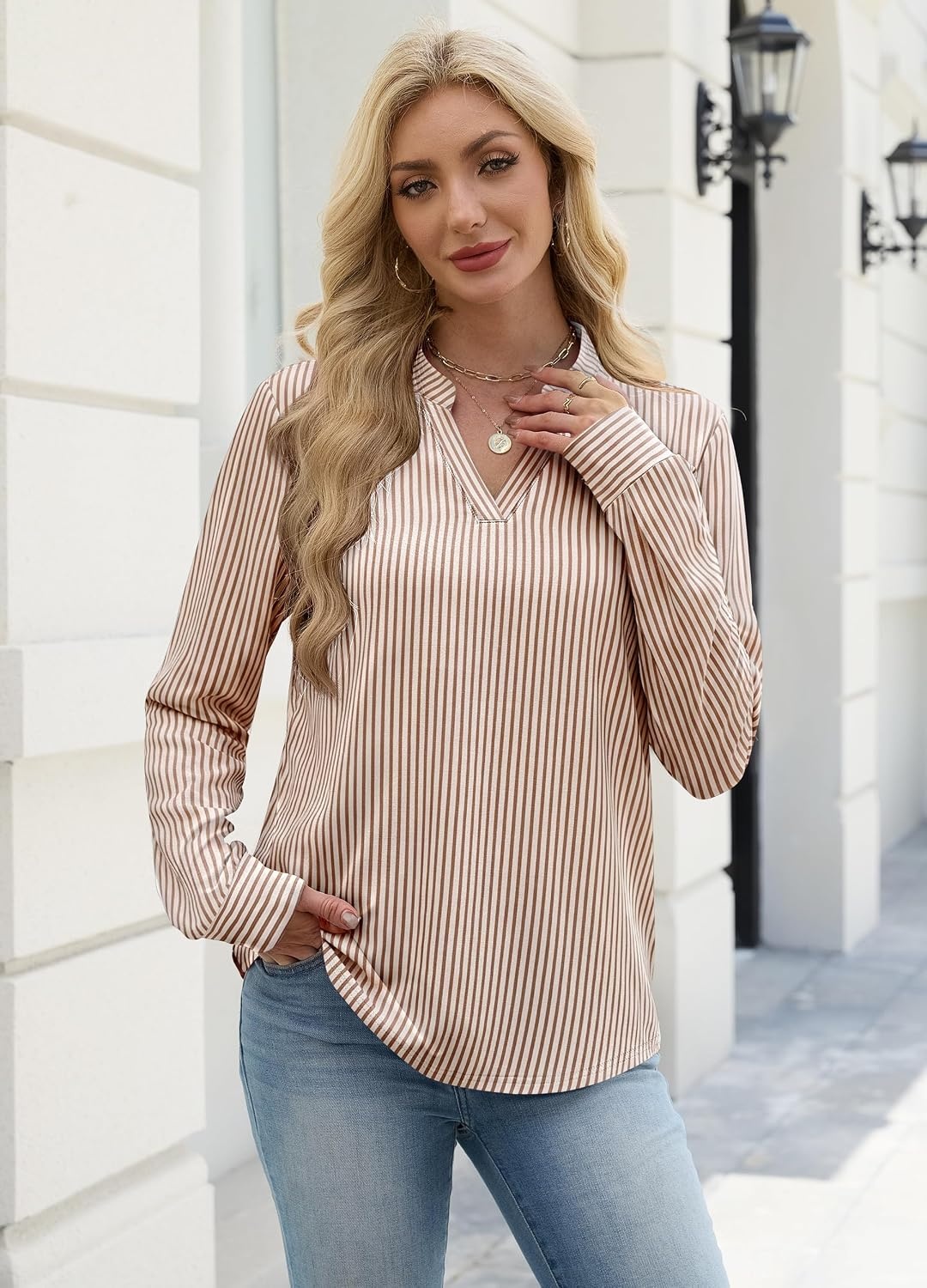 image:imageWIHOLL V Neck Business Casual Tops Fall Blouses Trendy Long Sleeve ShirtsLight Brown Stripe