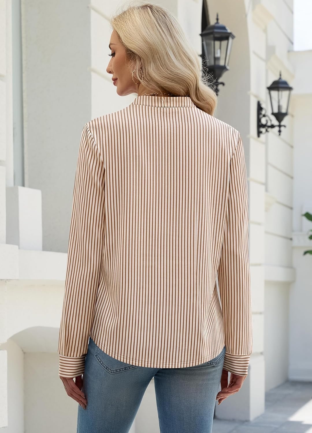 image:imageWIHOLL V Neck Business Casual Tops Fall Blouses Trendy Long Sleeve ShirtsLight Brown Stripe