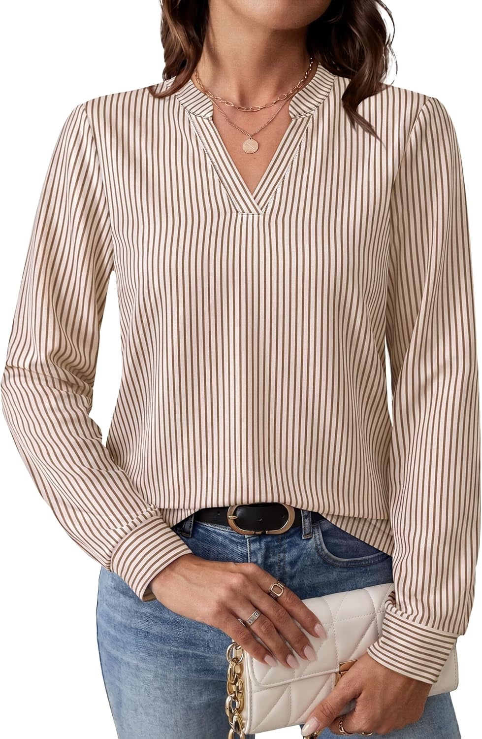 image:imageWIHOLL V Neck Business Casual Tops Fall Blouses Trendy Long Sleeve ShirtsLight Brown Stripe
