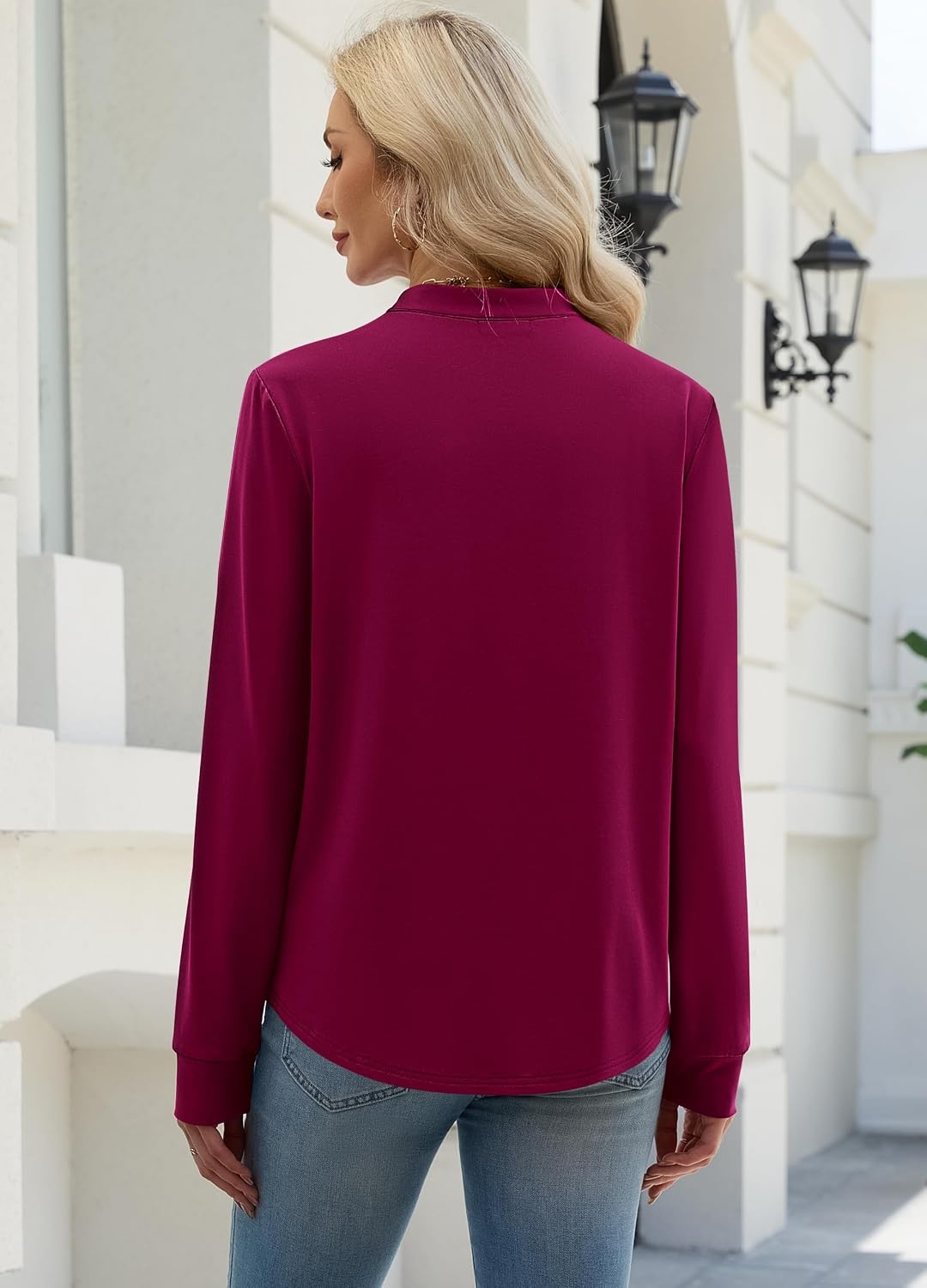 image:imageWIHOLL V Neck Business Casual Tops Fall Blouses Trendy Long Sleeve ShirtsPurple Red