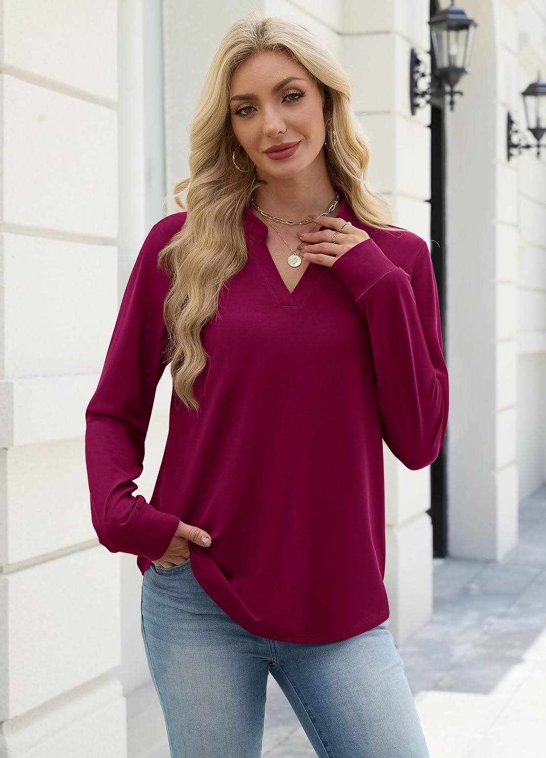 image:imageWIHOLL V Neck Business Casual Tops Fall Blouses Trendy Long Sleeve ShirtsPurple Red
