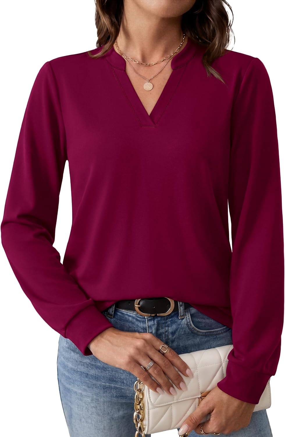 image:imageWIHOLL V Neck Business Casual Tops Fall Blouses Trendy Long Sleeve ShirtsPurple Red