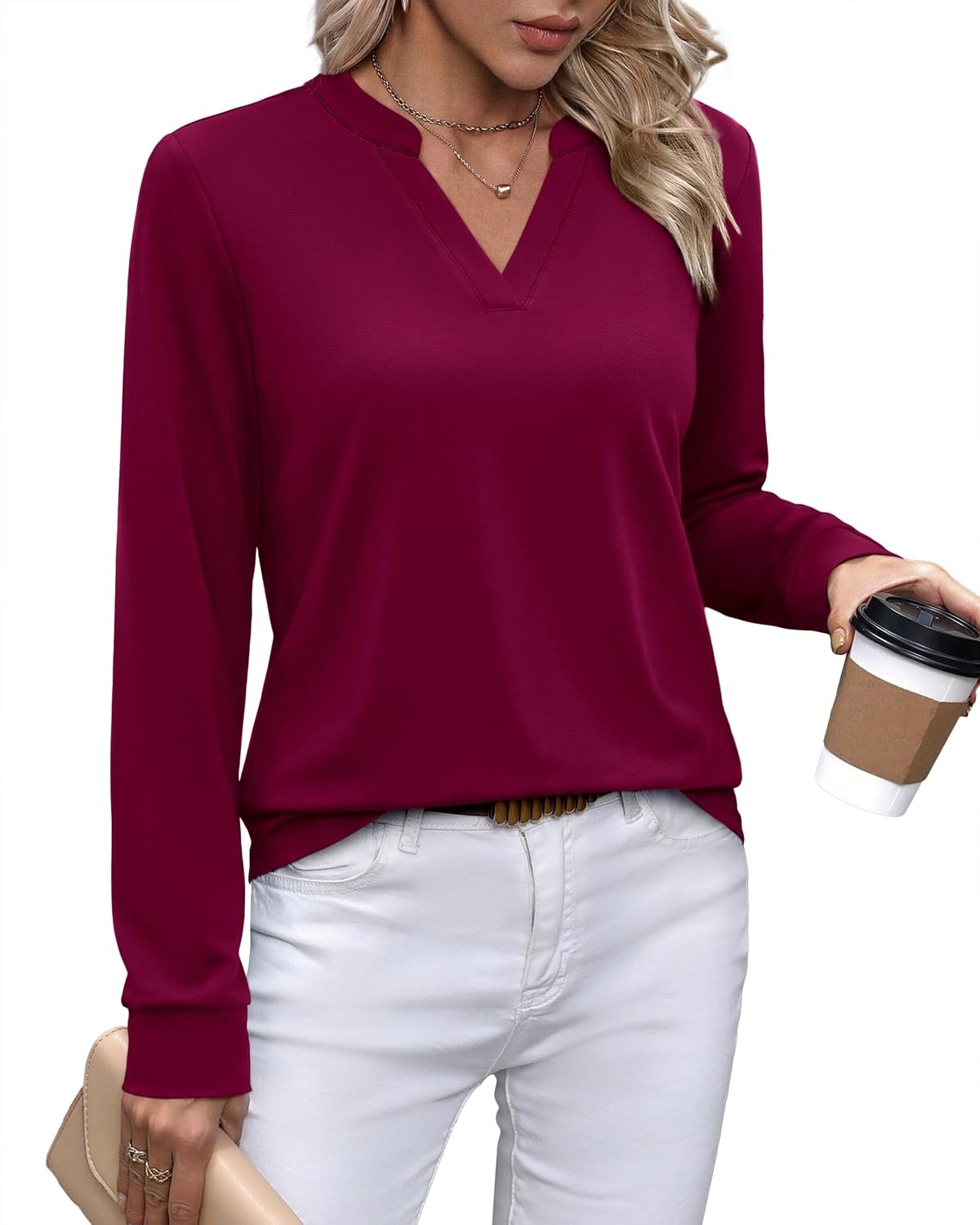 image:imageWIHOLL V Neck Business Casual Tops Fall Blouses Trendy Long Sleeve ShirtsPurple Red