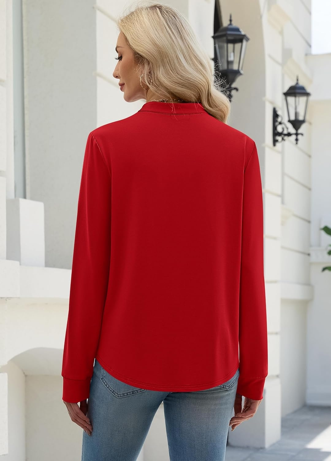 image:imageWIHOLL V Neck Business Casual Tops Fall Blouses Trendy Long Sleeve ShirtsRed