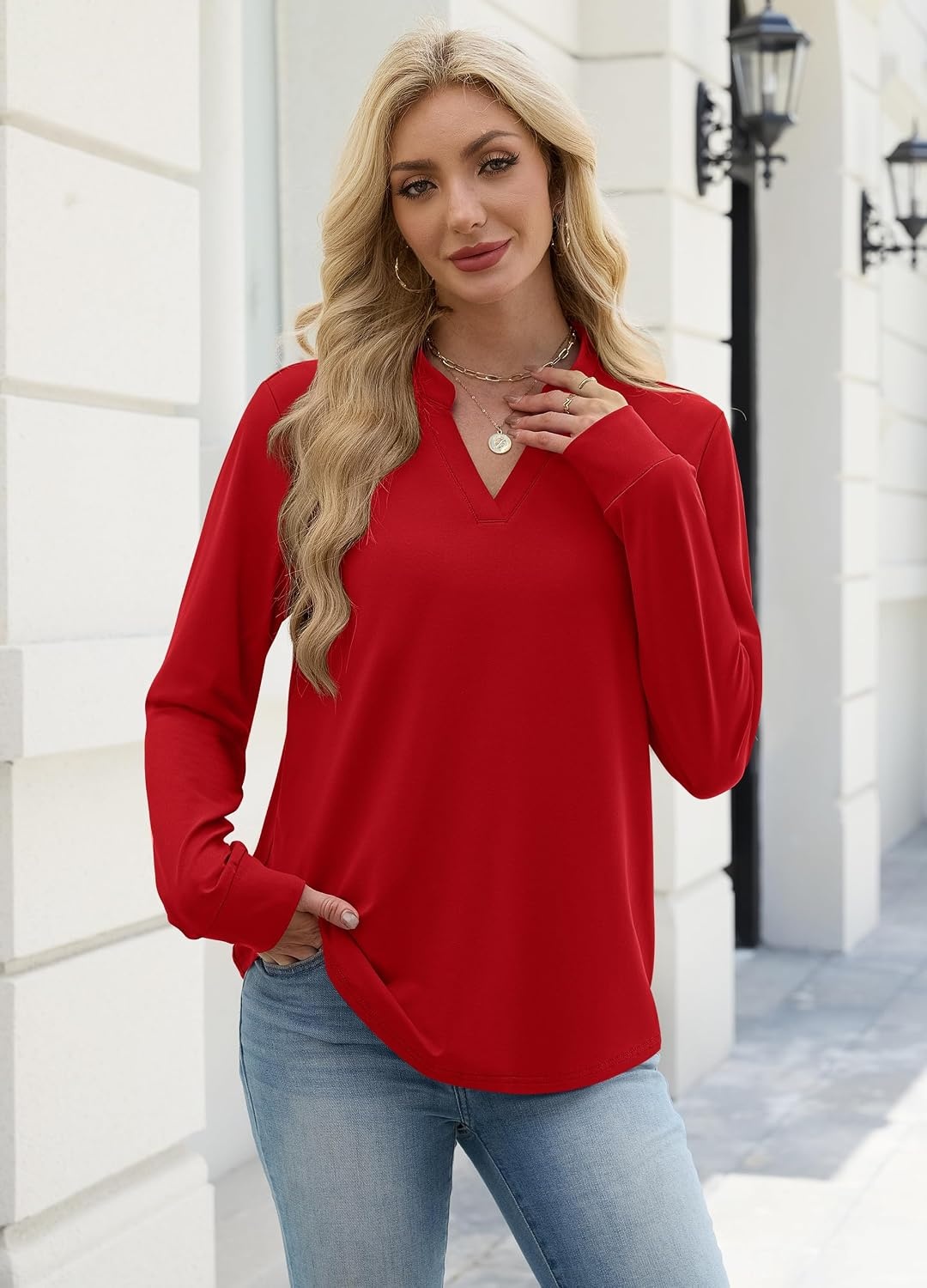 image:imageWIHOLL V Neck Business Casual Tops Fall Blouses Trendy Long Sleeve ShirtsRed