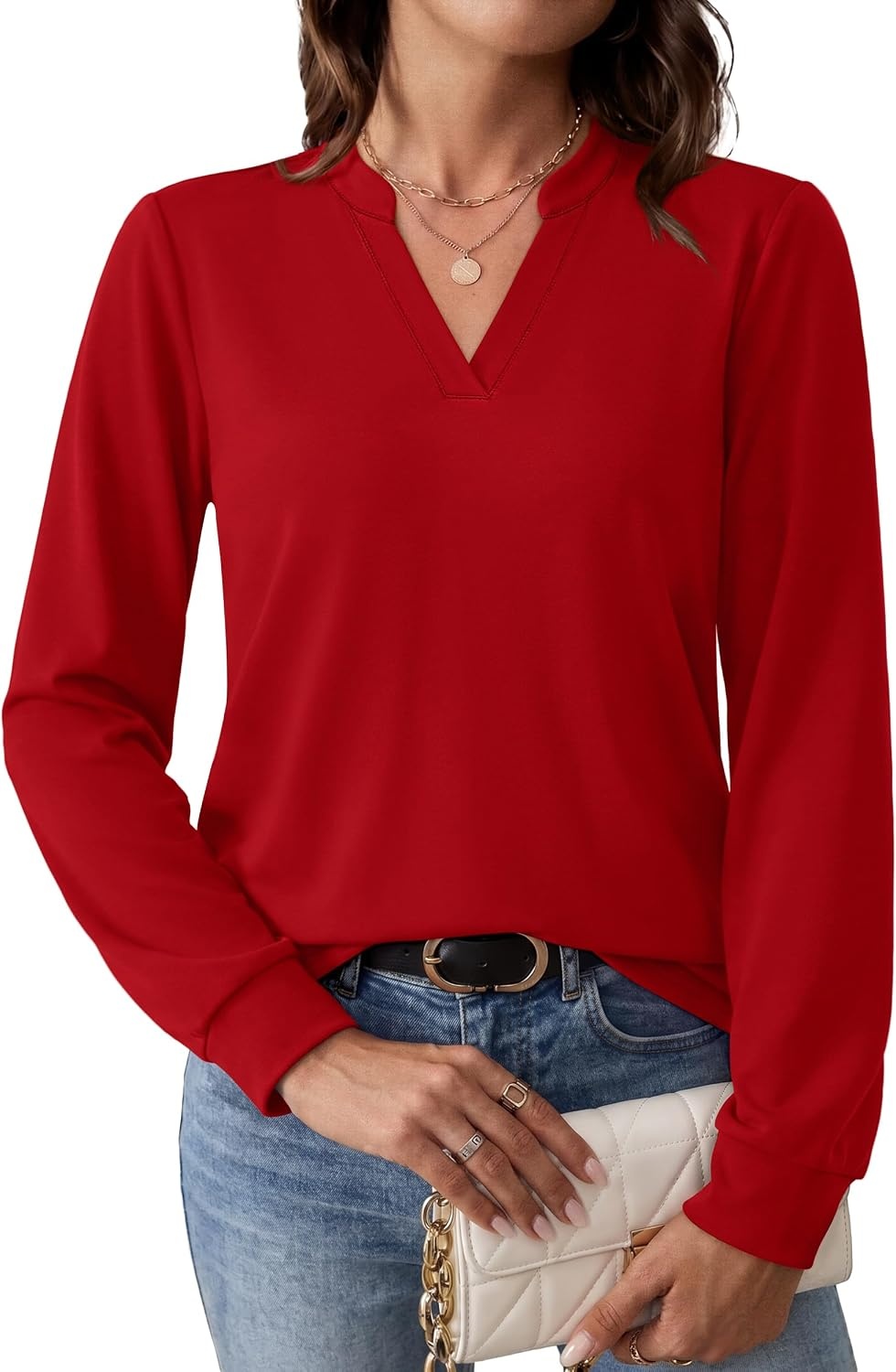 image:imageWIHOLL V Neck Business Casual Tops Fall Blouses Trendy Long Sleeve ShirtsRed