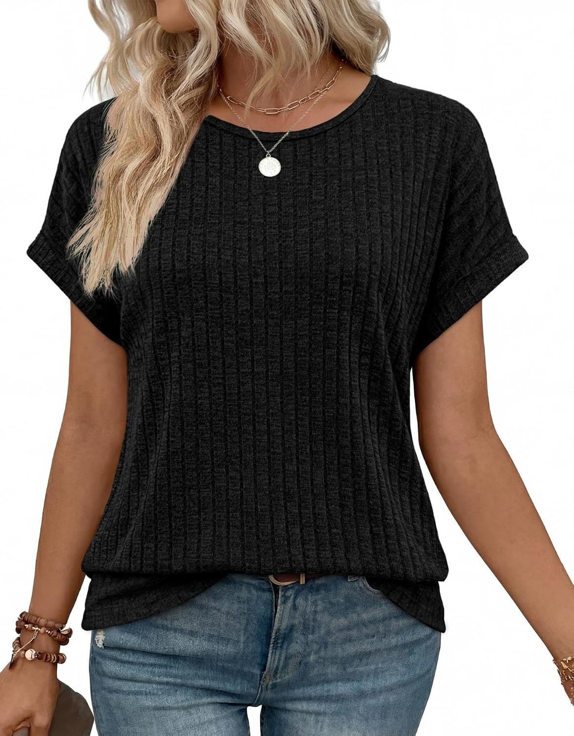 image:imageWIHOLL Women Lightweight Textured Shirts Casual Short Sleeve Tunic Tops Loose Fit 2026 Summer Spring Blouses PlainPrintBlack