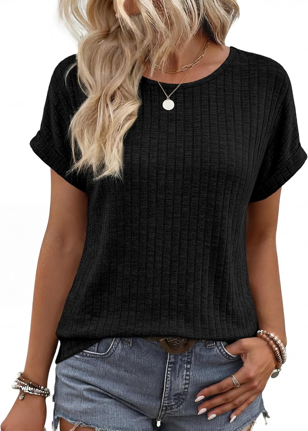 image:imageWIHOLL Women Lightweight Textured Shirts Casual Short Sleeve Tunic Tops Loose Fit 2026 Summer Spring Blouses PlainPrintBlack