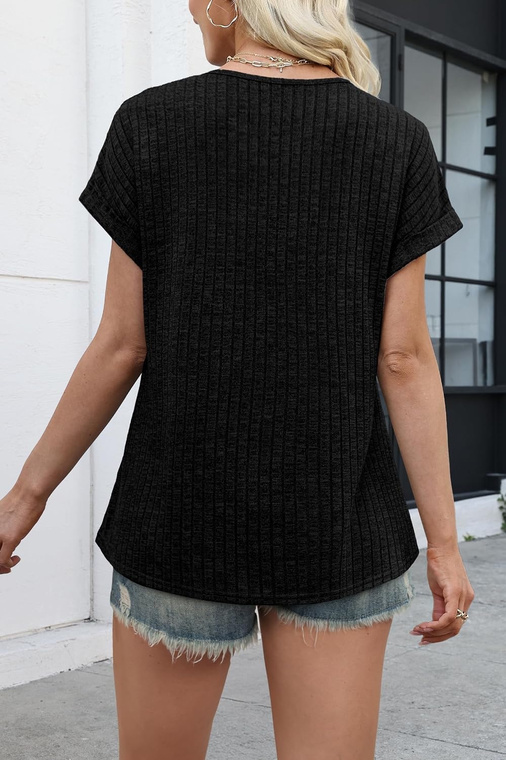 image:imageWIHOLL Women Lightweight Textured Shirts Casual Short Sleeve Tunic Tops Loose Fit 2026 Summer Spring Blouses PlainPrintBlack