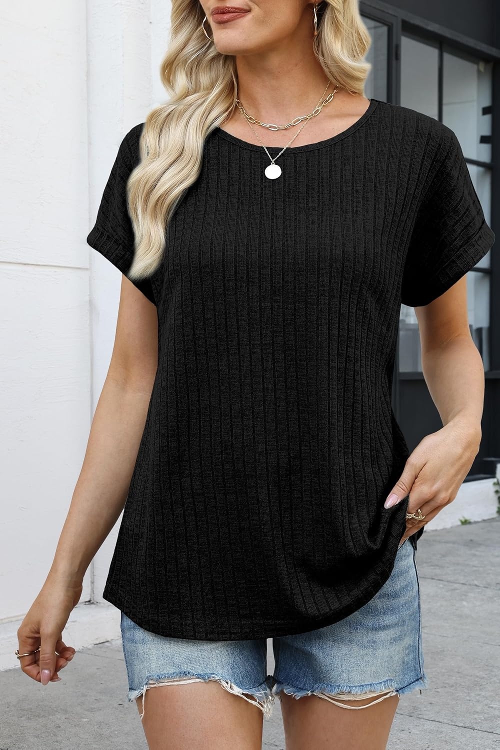 image:imageWIHOLL Women Lightweight Textured Shirts Casual Short Sleeve Tunic Tops Loose Fit 2026 Summer Spring Blouses PlainPrintBlack