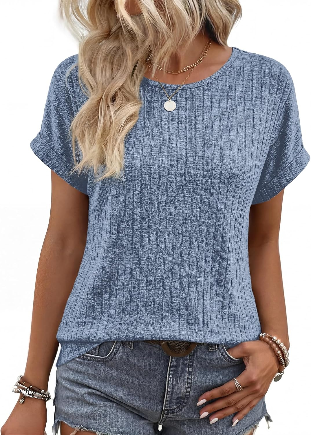 image:imageWIHOLL Women Lightweight Textured Shirts Casual Short Sleeve Tunic Tops Loose Fit 2026 Summer Spring Blouses PlainPrintBlue